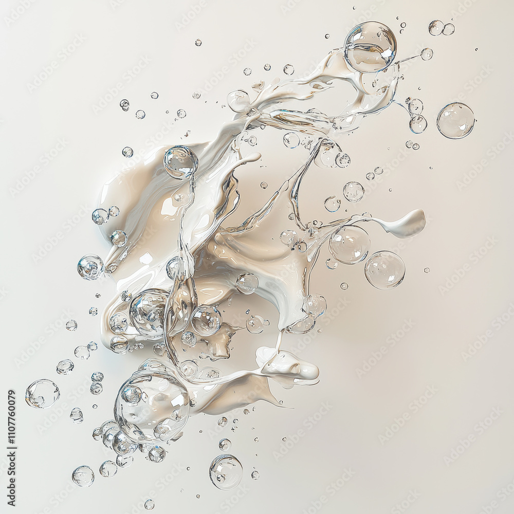 Poster dynamic composition of clear water droplets and bubbles, creating sense of fluidity and motion again