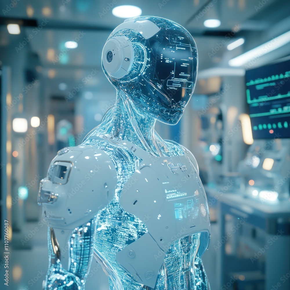 Poster translucent humanoid robot in futuristic lab.