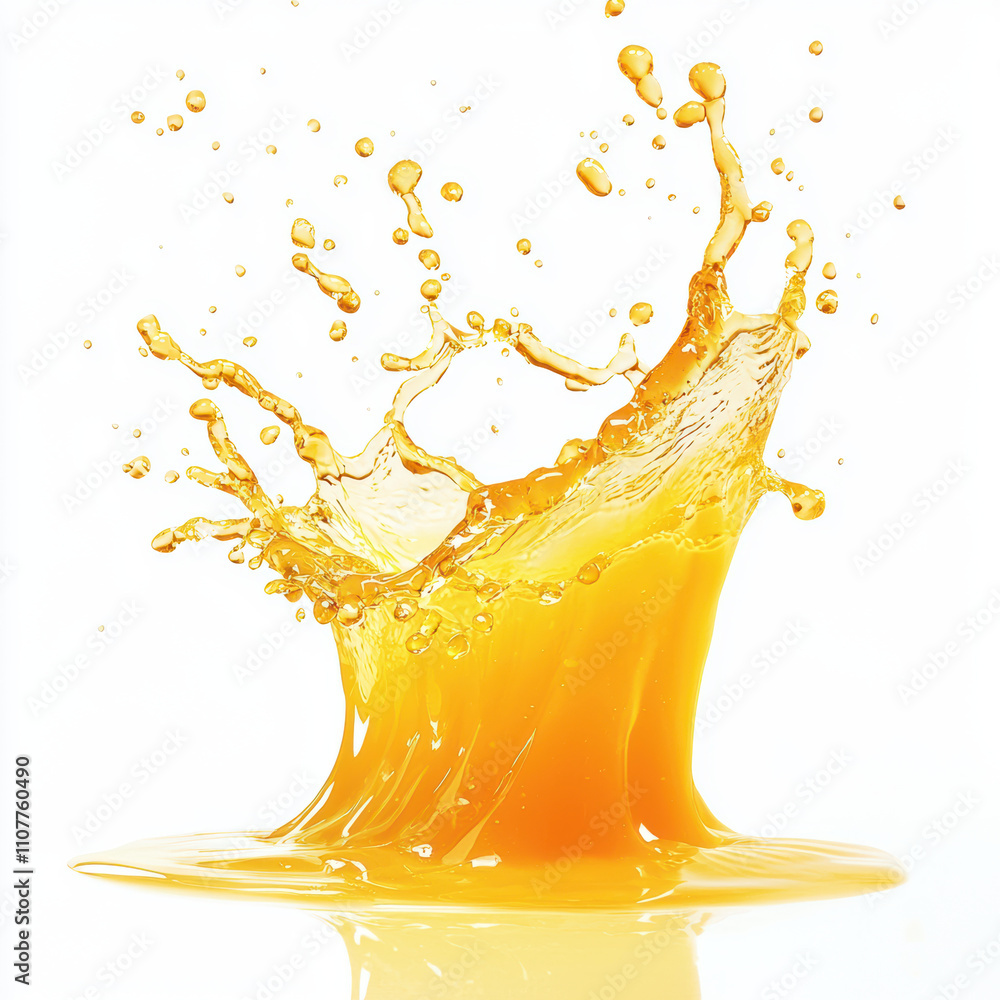 Poster yellow liquid splash on pristine white background, creating dynamic droplets and waves, evoking fres