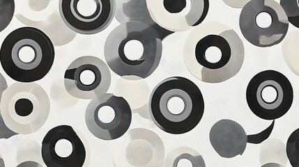Abstract grayscale pattern of overlapping circles with varying shades and sizes on a white background.
