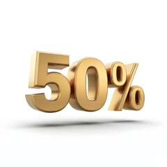 3D bold text showing '50%' in metallic gold, featuring a luxurious finish with subtle rim lighting and a floating shadow, isolated against a pure white solid background. A modern, high-quality promoti