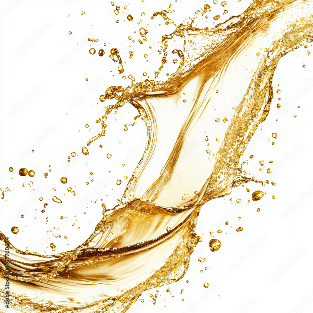 Poster stunning image of golden liquid splashing against pristine white background, capturing dynamic movem