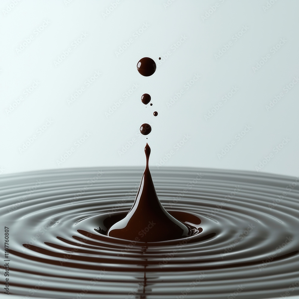 Poster high resolution image of chocolate splashing in water, creating ripples and droplets. rich brown col