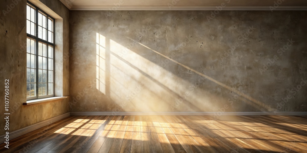 Poster sunlight streams through a window casting long shadows on the wooden floor of an empty room with a t