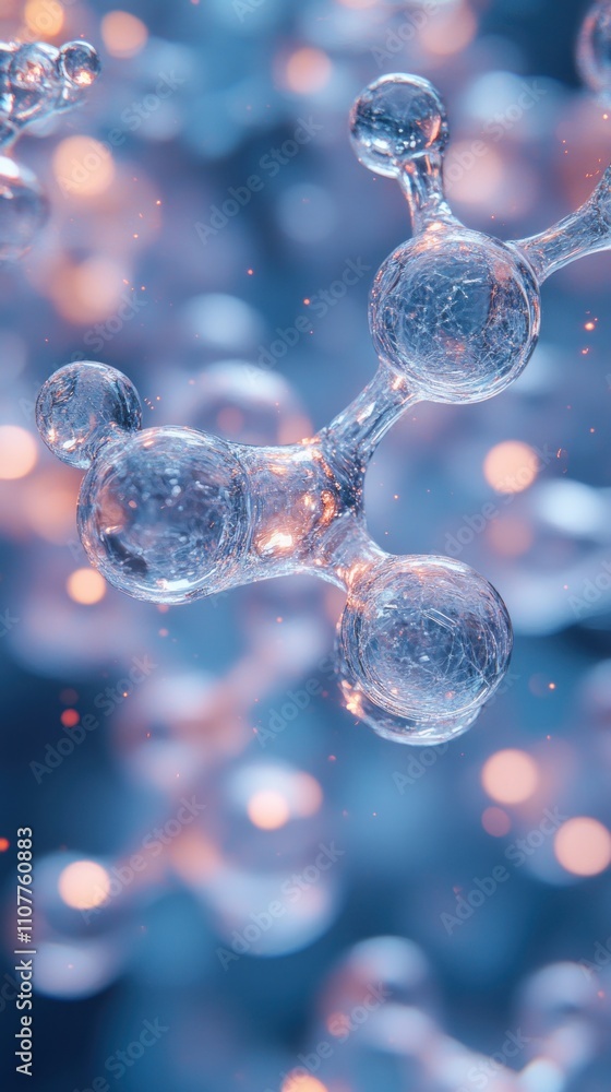 Poster abstract 3d rendering of a molecule with a blurry background of glowing spheres.