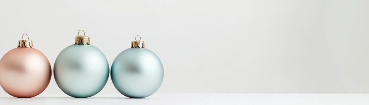 Three elegant Christmas baubles in pastel colors, minimalistic holiday decoration with a white background, perfect for seasonal themes.