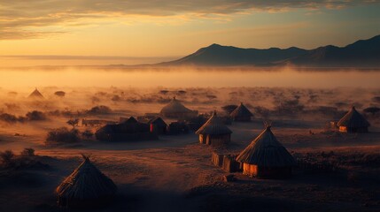 African Village Sunrise Mist Shrouded Huts