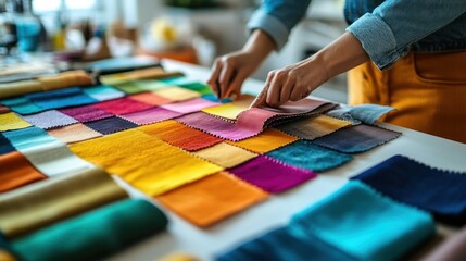 Obraz premium Woman's hands selecting fabric swatches from a colorful array on a table.