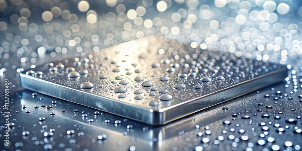 Aufkleber A square metallic surface covered in water droplets with an out-of-focus background of shimmering lights.