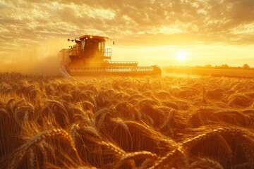 Fototapeta premium A combine harvester cuts through a field of wheat at sunset, kicking up dust and creating a golden glow.