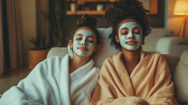 Mother and daughter share a relaxing spa day at home with face masks and cozy robes in a warm, inviting atmosphere. Generative AI