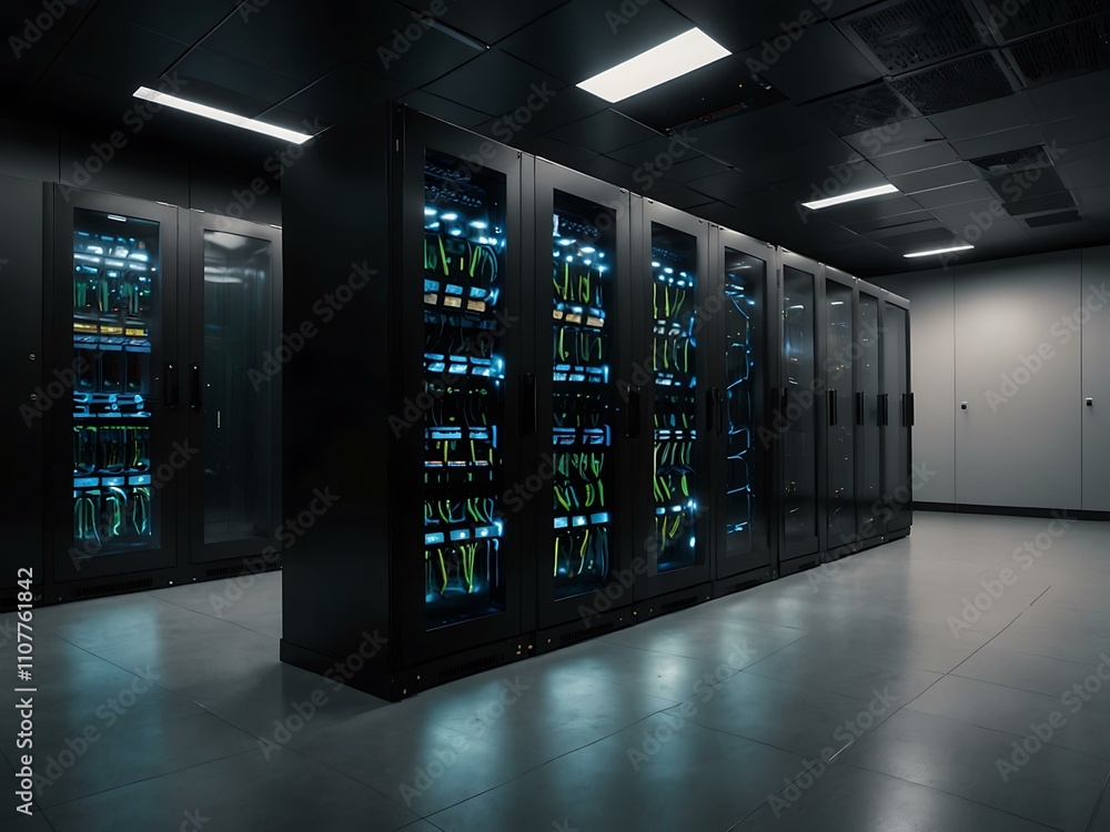 Poster modern server room with illuminated racks in a data center.