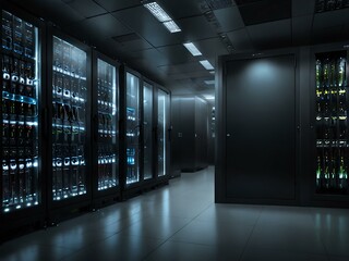 Naklejka premium Modern server room with illuminated racks in a data center.