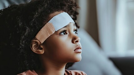 Fototapeta premium Young Child With Bandage On Forehead Looking Upward