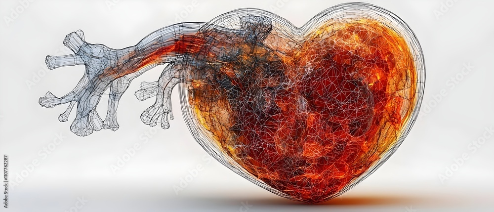 Poster a striking 3d rendering of a heart made with intricate wireframe and fiery colors, symbolizing passi