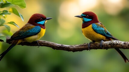 Fototapeta premium Two Colorful Birds Perched on a Branch in a Lush Green Forest