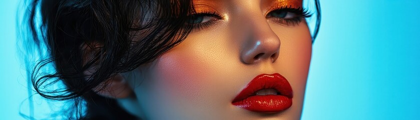 Naklejka premium Vibrant portrait of a woman with bold makeup, featuring striking red lips and colorful eyeshadow, set against a vivid blue background.