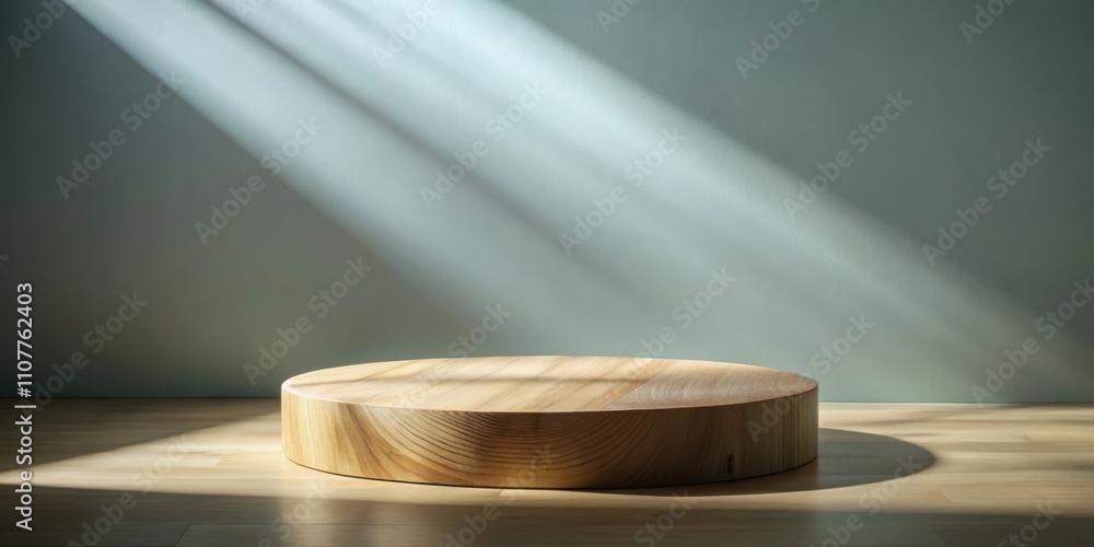 Poster a simple wooden platform sits in a sunbeam illuminating a minimalist room with soft green walls