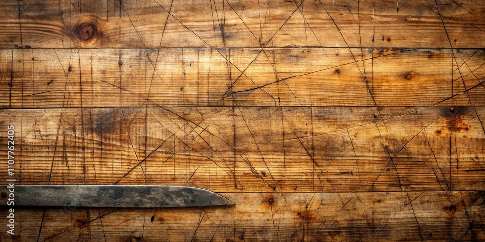 Poster A rustic wooden surface with a weathered appearance, displaying a network of fine scratches and grooves, adding depth and character to the natural woodgrain
