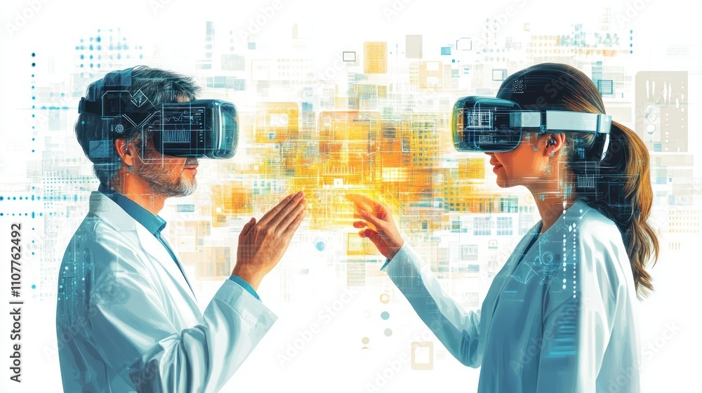 Poster two scientists in vr headsets collaborate on a virtual project, interacting with holographic data.
