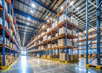 Expansive industrial warehouse featuring tall ceilings, wide aisles, and shelves stocked with products, perfectly suited for efficient supply chain management and logistics operations.