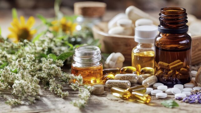 An artistic interpretation of holistic medicine with herbal remedies and natural healing therapies, macro shot, Artistic style