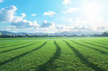 A serene landscape featuring lush green grass and a bright blue sky with scattered clouds.