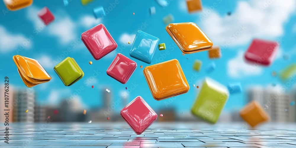 Poster colorful 3d cubes float against a vibrant blue sky, creating a playful and dynamic visual effect ove