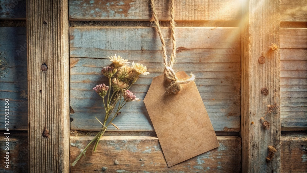 Poster Rustic wooden background with a blank tag tied with twine and a sprig of dried flowers resting against it