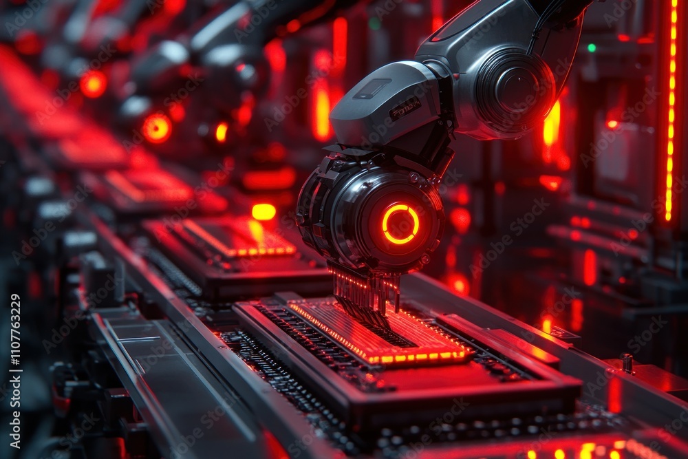Poster robotic arm assembling microchips on a futuristic assembly line with red lighting.