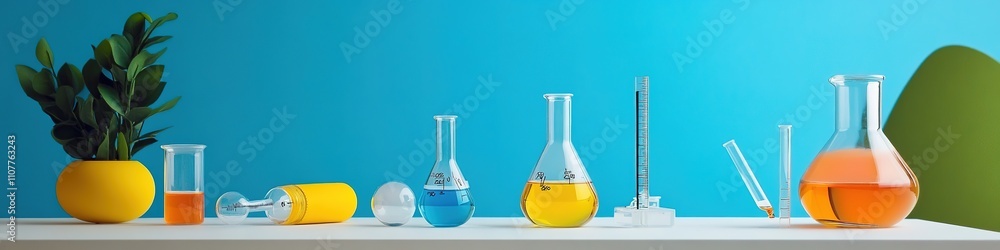 Poster colorful science lab setup with various glassware on table.