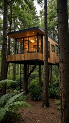 Modern treehouse cabin with a view of nature, nestled in a lush forest.
