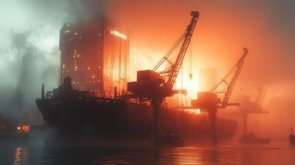 Fototapeta premium A large cargo ship sits docked at a port, cranes loom over it, shrouded in fog and backlit by an orange glow.