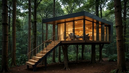 Modern treehouse with a deck and loungers in a lush forest.