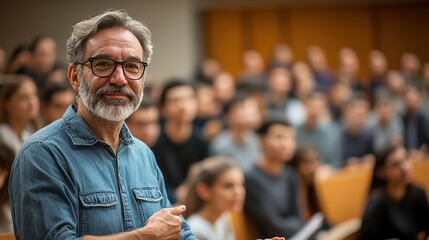 Obraz premium Smiling professor teaching in lecture hall, engaged audience.
