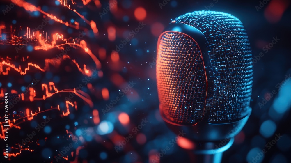 Poster a close-up of a microphone with a blue and red digital wave in the background.