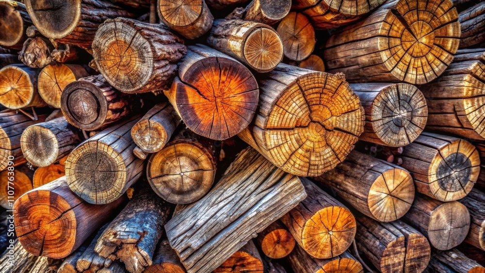 Poster A close-up view of stacked wooden logs, revealing the intricate grain patterns and textures of the wood.