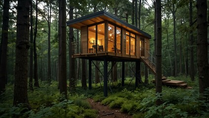 Modern treehouse with solar panels and green roof in a forest.