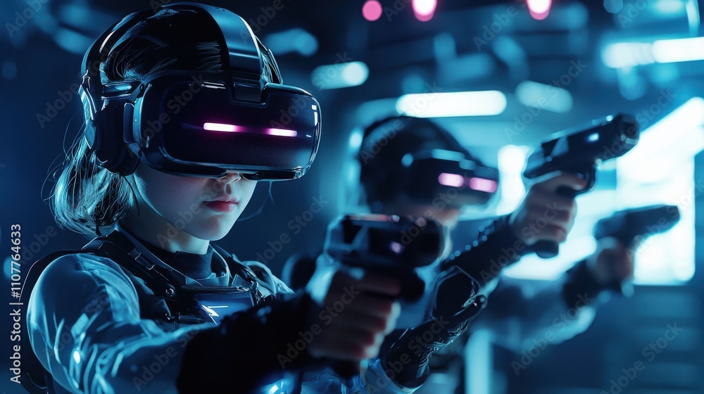 Aufkleber multiplayer vr gaming setup with players engaged in futuristic combat