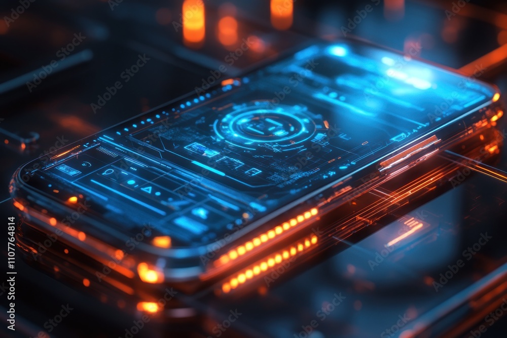 Poster a futuristic smartphone with a glowing blue interface displaying a digital clock and other informati