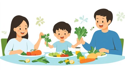 A family enjoying a balanced meal with vegetables rich in vitamins and minerals.