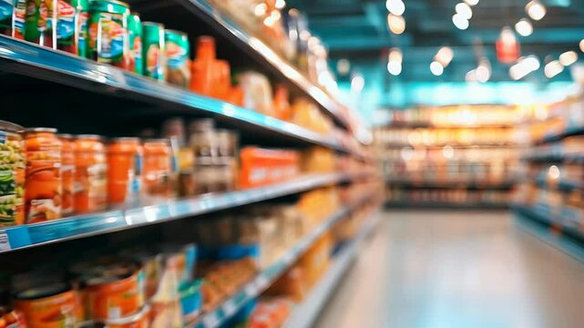 A grocery store aisle with neatly stacked canned goods, brightly lit with a blurred background, symbolizing retail and shopping.

