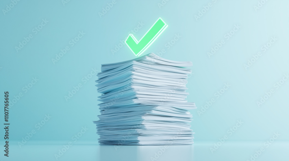 Poster stack of documents with green checkmark symbolizing approval