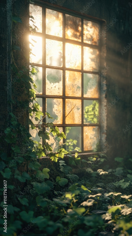Poster sunlight streams through a broken window in an abandoned building, illuminating the lush greenery gr