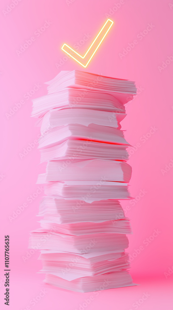 Poster stack of documents with glowing checkmark on pink background