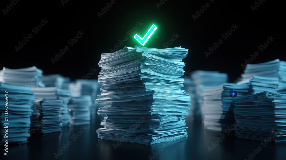 Poster stacks of documents with glowing check mark symbolizing approval