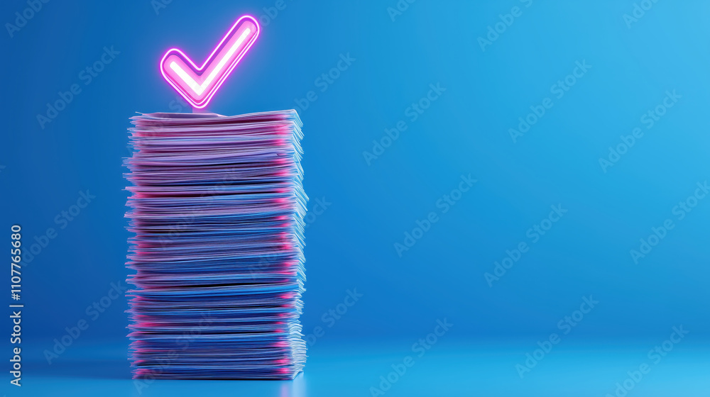 Poster stack of documents with glowing check mark on top, symbolizing approval