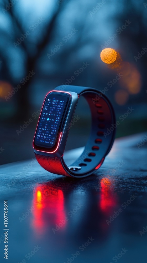 Poster a modern smartwatch with a digital display rests on a reflective surface. the watch has a sleek desi