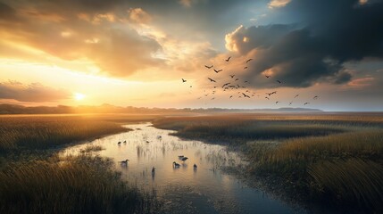 Restored Coastal Marshland Flourishing With Wildlife Under Dramatic Sunset Sky