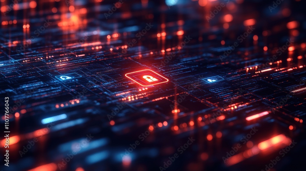 Poster cyber security abstract digital background with glowing padlock icon on a circuit board.
